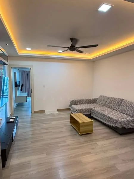Living features: grey patterned fabric sofa, wooden coffee table, wall-mounted TV, TV console, recessed LED downlights, ceiling fan with light, laminate flooring, white painted walls, crown moulding with LED strip lighting; style: modern.