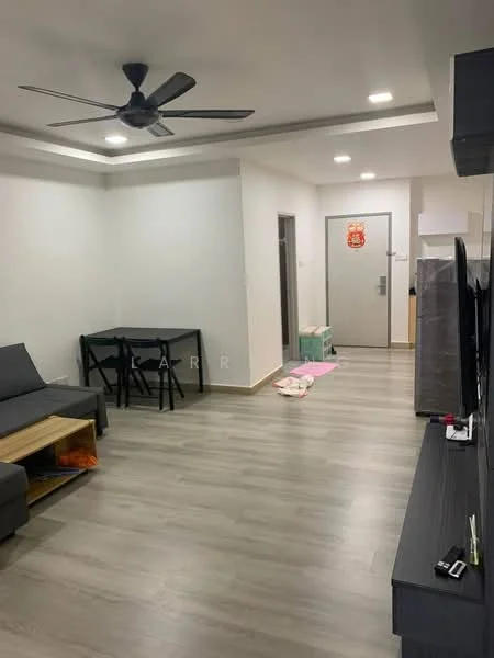 Living features: grey fabric sofa, wooden coffee table, black dining table with chairs, TV console, wall-mounted TV, 5-blade ceiling fan, recessed LED downlights, light grey painted walls, laminate flooring, doorway leading to hallway, decorative wall art, area rug; style: modern.