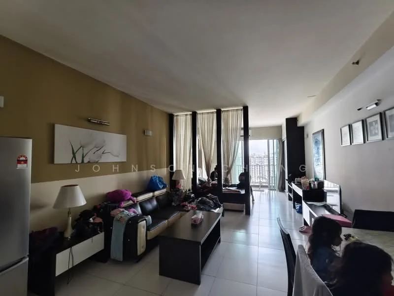 Living features: 3-seater black leather sofa, 2-seater black leather sofa, coffee table, TV console, wall-mounted TV, floor-to-ceiling windows, sheer curtains, white painted walls, tile flooring, decorative wall art, lampshade table lamp, open shelving unit, area rug; style: modern; view: city.
