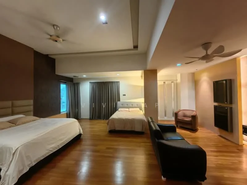 Bedroom features: two queen-size beds, upholstered headboard, wooden flooring, 5-blade ceiling fan, wall-mounted TV, built-in wardrobe, curtains, armchair, sofa, recessed lighting; style: modern.