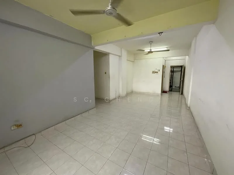 Room features: white painted walls, cream ceiling, white tiled flooring, ceiling fan, light fixtures, open layout, no visible furniture, large windows, neutral color scheme; style: minimalist.