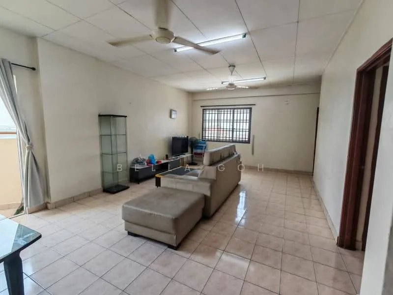 Living features: cream tiled flooring, white painted walls, ceiling fan, large window with security bars, glass display cabinet, sofa with light upholstery, coffee table, TV console, wall-mounted TV, curtains, open layout; style: modern.