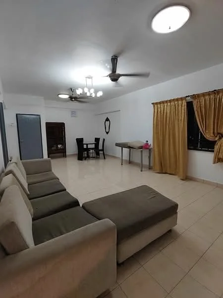 Living features: 3-seater fabric sofa in beige, L-shape sectional sofa, ceiling fan with light, chandelier with multiple bulbs, tile flooring, white painted walls, curtains in gold, window with city view, dining table for four, decorative mirror on wall, side table, wooden cabinet; style: modern; view: city.