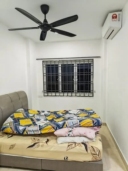 Bedroom features: queen-size bed, upholstered headboard, bedding with geometric pattern, 2 pillows, white painted walls, floor-to-ceiling windows, black metal window grille, 1 wall-mounted split AC, ceiling fan with 5 blades, tile flooring; style: modern.