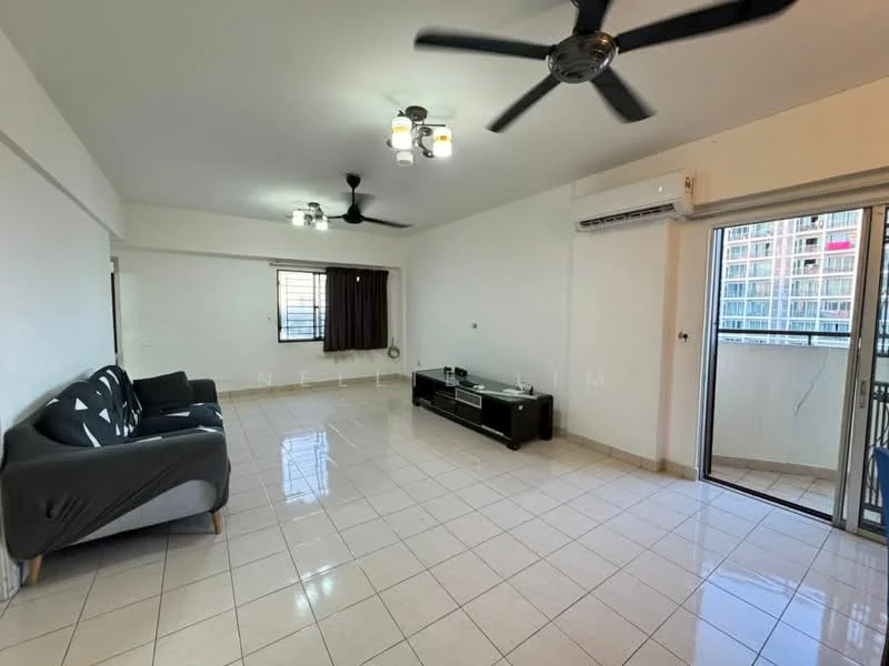 Living features: 3-seater fabric sofa in grey, coffee table, TV console, wall-mounted TV, area rug, 2 ceiling fans, sliding glass door, floor-to-ceiling windows, cream tiled flooring, white painted walls, curtains, air conditioning unit; style: modern; view: city.