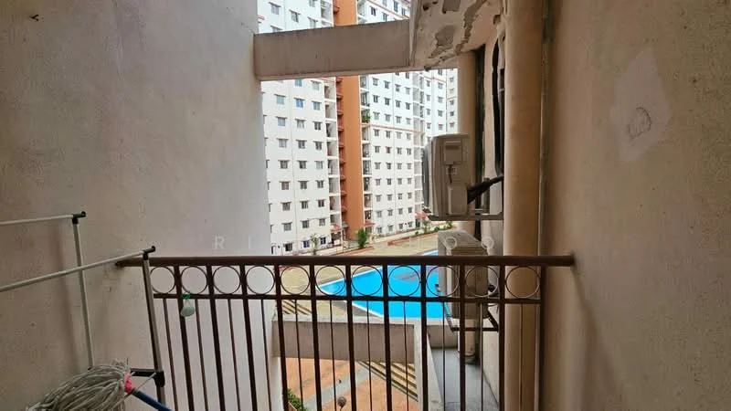 Room features: balcony railing, view of swimming pool, air conditioning unit, exterior wall with plaster finish, clothes drying rack; view: pool.