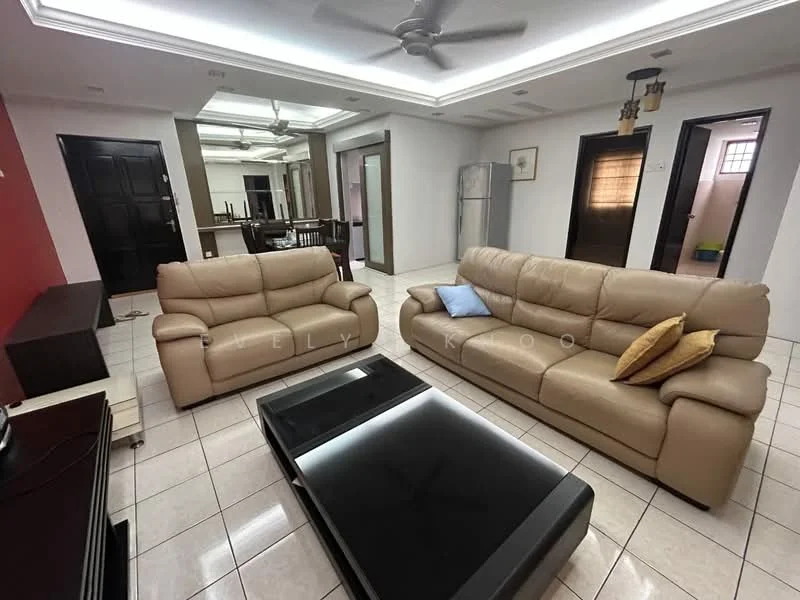 Living features: 2-seater leather sofa in beige, 3-seater leather sofa in beige, black coffee table, ceiling fan with light, recessed ceiling with lighting, white tiled flooring, cream painted walls, wall-mounted TV console, decorative wall art, open layout to dining area; style: contemporary.