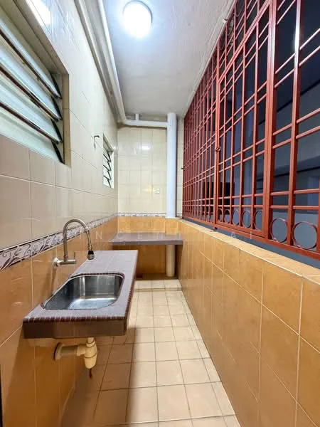 Laundry features: single-bowl stainless-steel sink, chrome faucet, brown countertop, cream tiled walls, beige tiled flooring, window with metal grille, exposed plumbing, light fixture on ceiling.