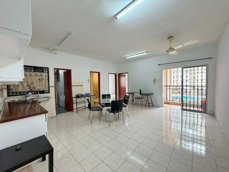 Living features: white painted walls, tile flooring, ceiling fan, sliding glass door, floor-to-ceiling windows, dining table, 4 black chairs, open layout, natural light, view of swimming pool; view: pool. Kitchen features: white cabinetry, brown countertop, stainless-steel sink, built-in stove, open shelving.