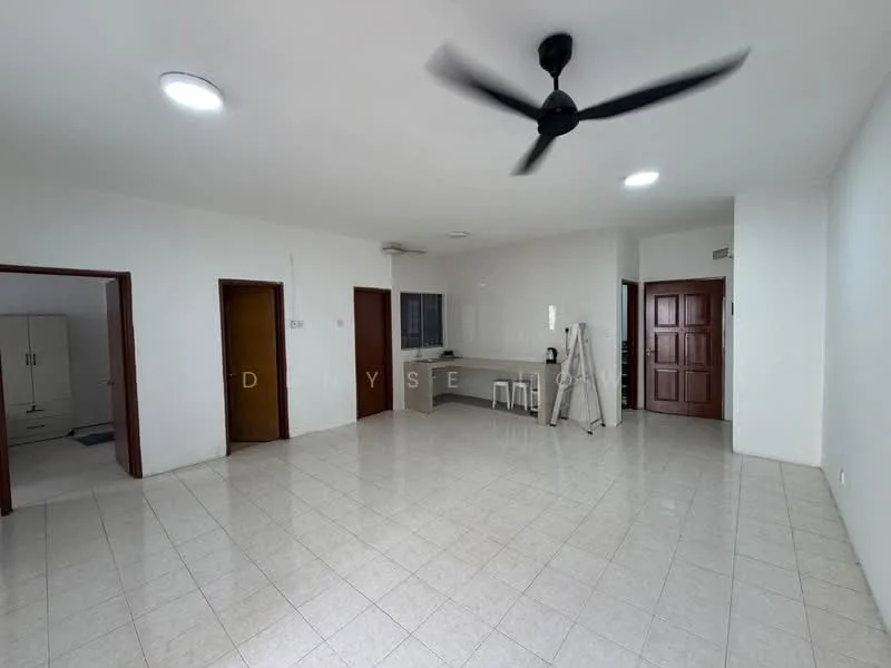 Room features: white painted walls, glossy ceramic tile flooring, 5-blade ceiling fan, recessed downlights, two wooden doors, one window, open layout, kitchenette area with countertop, neutral color scheme, no visible furniture; style: modern.