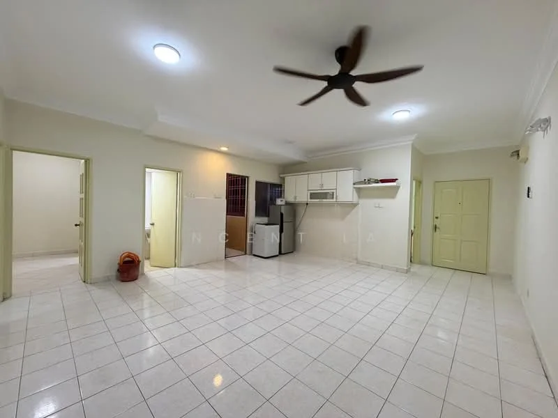 Living features: white painted walls, ceramic tile flooring, 5-blade ceiling fan with light, recessed downlights, sliding glass door, kitchen area with cabinetry, fridge, open layout, door leading to hallway, door leading to bedroom, door leading to bathroom; style: modern.
