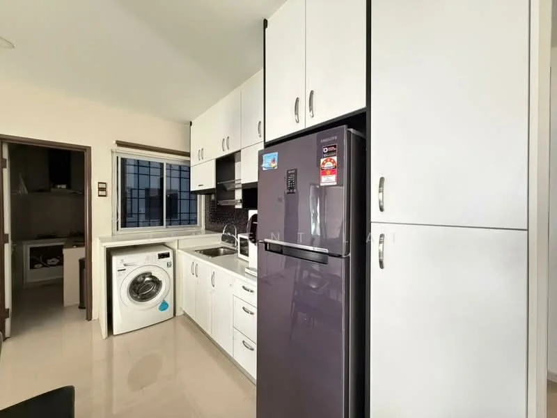 Kitchen features: white cabinetry, black countertop, stainless-steel fridge, built-in oven, ceramic cooktop, single-bowl stainless-steel sink, chrome pull-down faucet, tile backsplash, washing machine, window with view, light-colored walls, glossy floor tiles, recessed lighting; style: modern.