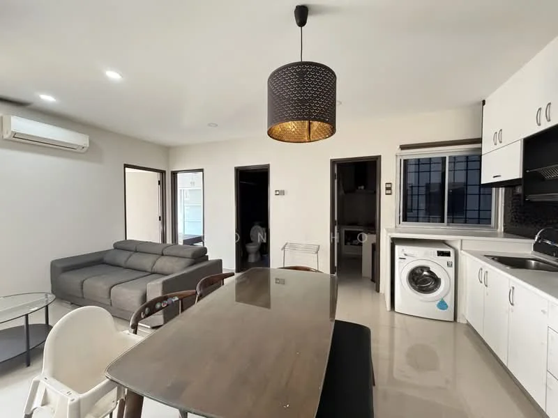 Dining features: 6-seater dining table, wooden dining chairs, pendant light fixture, white walls, grey tiled flooring, air conditioning unit, floor-to-ceiling windows, open layout to living area; style: modern. Living features: 3-seater fabric sofa in grey, glass coffee table, wall-mounted TV, white walls, grey tiled flooring, air conditioning unit, open layout to dining area; style: modern. Laundry features: front-load washing machine, white cabinetry, grey tiled flooring, white walls; style: modern.