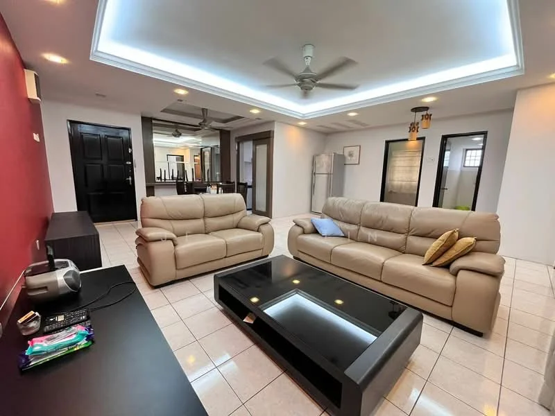 Living features: 2 beige leather sofas, black coffee table, white tiled flooring, recessed ceiling with LED lighting, 5-blade ceiling fan, wall-mounted TV console, decorative wall with red paint, large windows with natural light, open layout to adjacent rooms; style: modern.