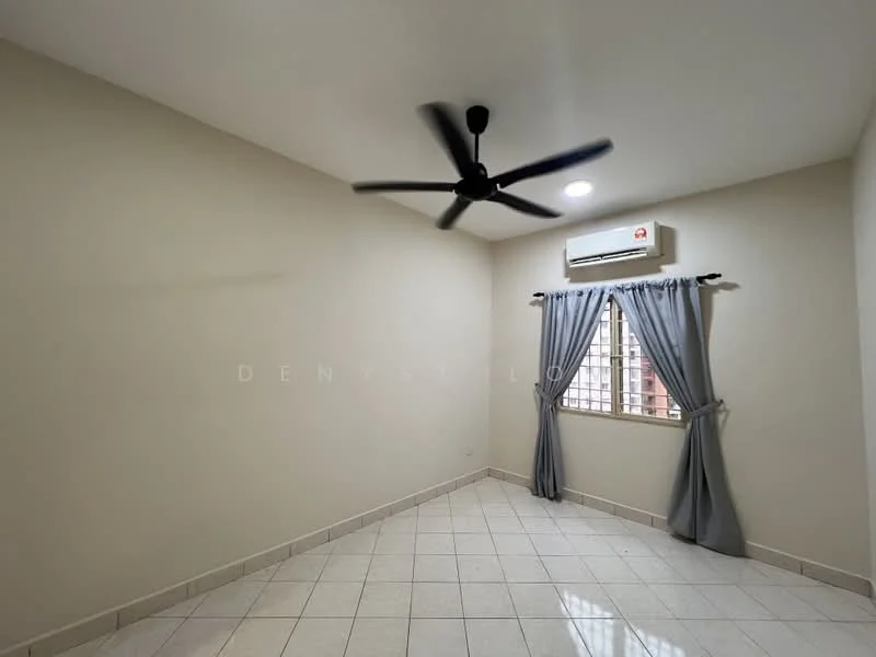 Room features: cream painted walls, white ceiling, 5-blade ceiling fan with light, 1 wall-mounted split AC, tile flooring, window with sheer curtains, corner window, light fixture; style: modern.