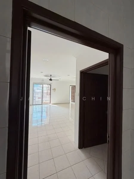 Room features: white painted walls, glossy tile flooring, 5-blade ceiling fan, floor-to-ceiling windows, natural light from windows, doorway leading to another room, neutral color palette, spacious layout; style: modern.
