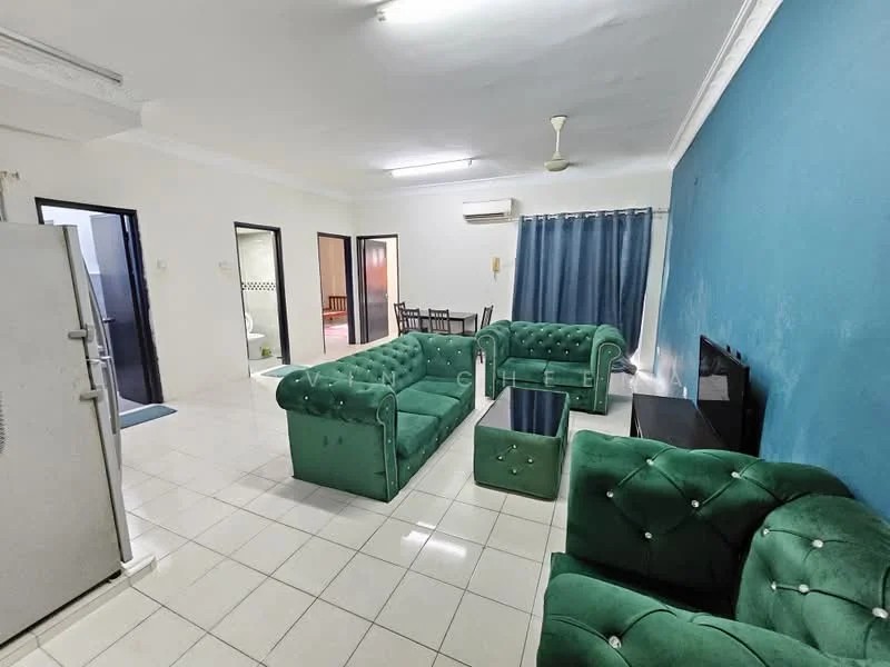 Living features: green tufted fabric sofa, 2-seater green tufted fabric sofa, 1-seater green tufted fabric chair, black glass coffee table, wall-mounted TV, white tiled flooring, blue accent wall, ceiling fan, curtains, air conditioning unit; style: modern. Room features: white walls, doorway to other rooms, open layout.