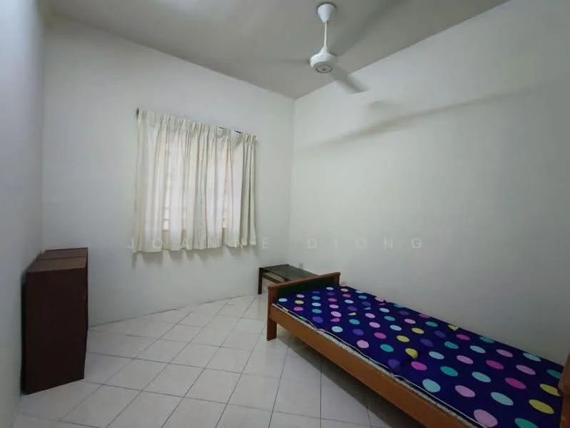 Bedroom features: white painted walls, tiled flooring, single bed with polka dot bedding, wooden bedside table, ceiling fan, curtains, window, wooden cabinet; style: minimalist.