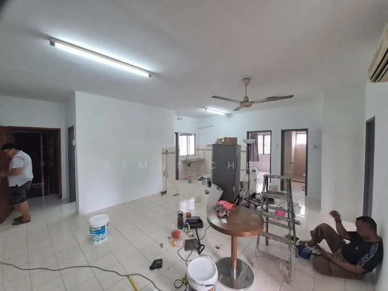 Room features: white painted walls, tile flooring, ceiling fan, recessed lighting, kitchen cabinetry, stainless-steel fridge, dining table, ladder, bucket, tools, open layout; style: modern.