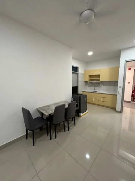 Dining features: grey dining table, 4 grey upholstered dining chairs, white painted walls, glossy beige cabinetry, built-in kitchen with countertop, stainless-steel fridge, ceramic tile flooring, recessed ceiling lights, single-bowl stainless-steel sink, chrome pull-down faucet; style: modern.