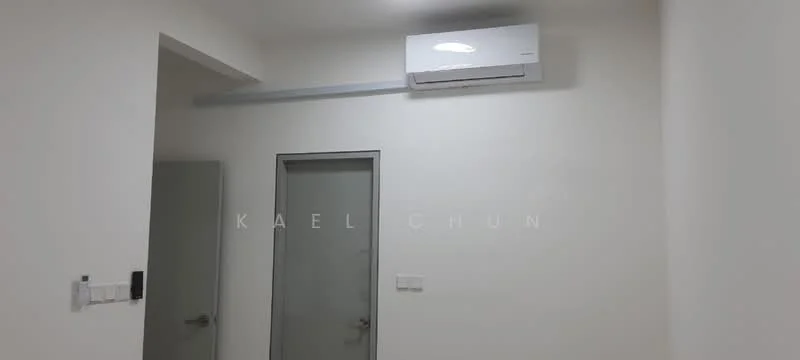 Room features: white painted walls, ceiling-mounted air conditioning unit, grey door, light switch, light fixture.