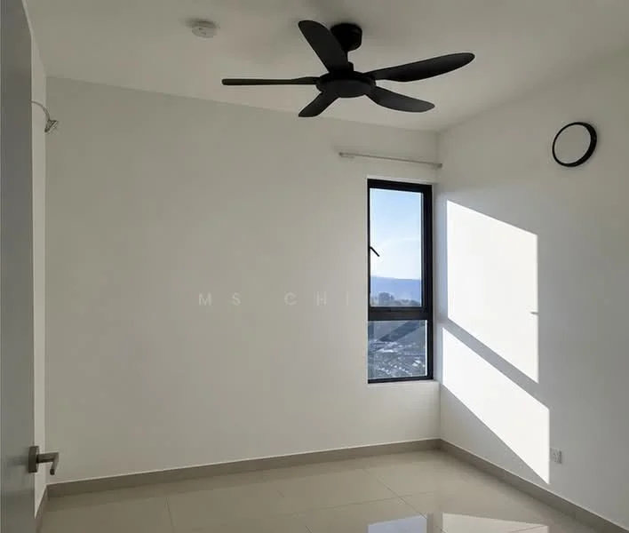 Room features: white painted walls, floor-to-ceiling window, black ceiling fan, light-colored tile flooring, round wall clock, natural light from window, window treatment, corner view; style: modern; view: city.
