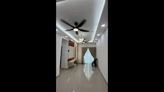 Living features: white painted walls, glossy tile flooring, 5-blade ceiling fan with light, recessed LED downlights, chandelier, floor-to-ceiling window with sheer curtains, curtains in neutral color, built-in wall shelf, decorative wall panel, open space layout; style: modern.