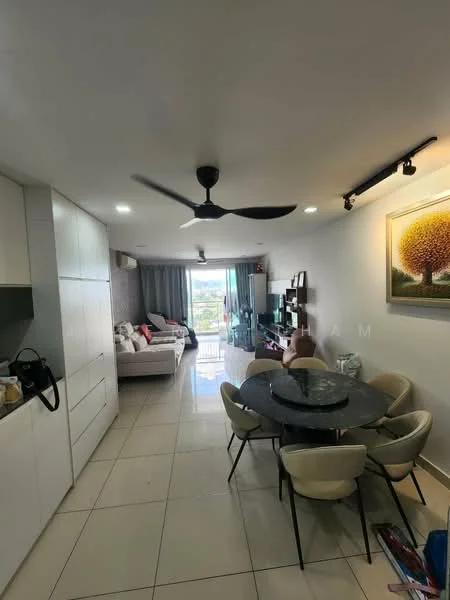 Living features: 3-seater fabric sofa in white, 2-seater fabric sofa in beige, round dining table with marble top, 4 upholstered dining chairs, ceiling fan with light, wall-mounted TV, TV console, large glass sliding door, tile flooring, decorative artwork on wall, open shelving unit, window with sheer curtains; style: modern; view: city.