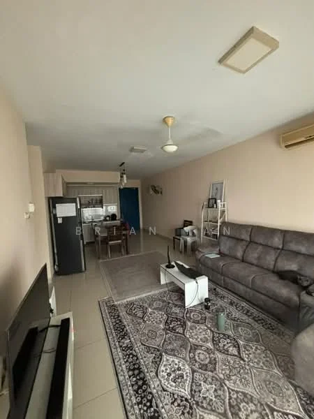Living features: 3-seater fabric sofa in grey, coffee table, wall-mounted TV, TV console, area rug with geometric pattern, ceiling fan, recessed downlights, cream painted walls, tile flooring, air conditioning unit, open-plan layout to kitchen, decorative wall shelf; style: modern. Kitchen features: stainless-steel fridge, built-in oven, freestanding range oven, kitchen cabinets, countertop, sink, tile backsplash; style: modern.