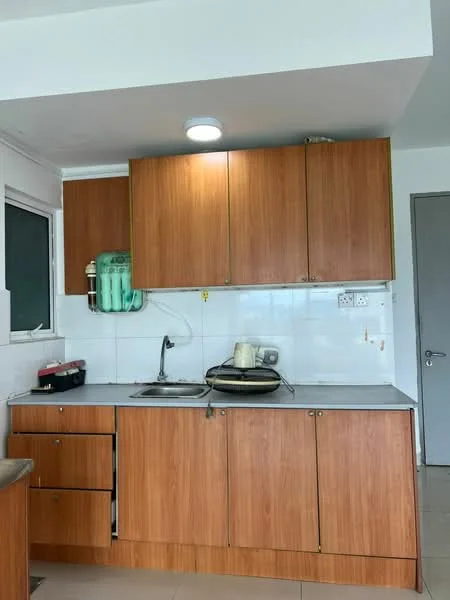 Kitchen features: wooden cabinetry in brown, grey countertop, single-bowl stainless-steel sink, chrome faucet, built-in stove, wall-mounted kitchen hood, white tiled backsplash, window above sink, light fixture on ceiling, floor tiles in beige; style: modern.