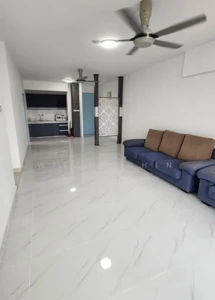 Living features: 3-seater fabric sofa in blue, 2-seater fabric sofa in brown, marble tile flooring, white painted walls, ceiling fan with light, recessed downlights, open layout to kitchen, decorative column, large windows for natural light; style: modern. Kitchen features: kitchen cabinetry, stainless-steel sink, built-in oven, freestanding range oven, microwave, countertop space, tile backsplash; style: modern.