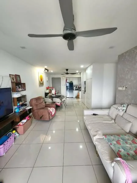 Living features: white painted walls, grey accent wall, polished ceramic tile flooring, 5-blade ceiling fan with light, sofa with fabric upholstery, coffee table, TV console, wall-mounted TV, decorative artwork, open layout to kitchen, recessed lighting, area rug; style: modern. Kitchen features: white cabinetry, stainless-steel fridge, built-in oven, freestanding range oven, granite countertop, tile backsplash, open layout to living area; style: modern.