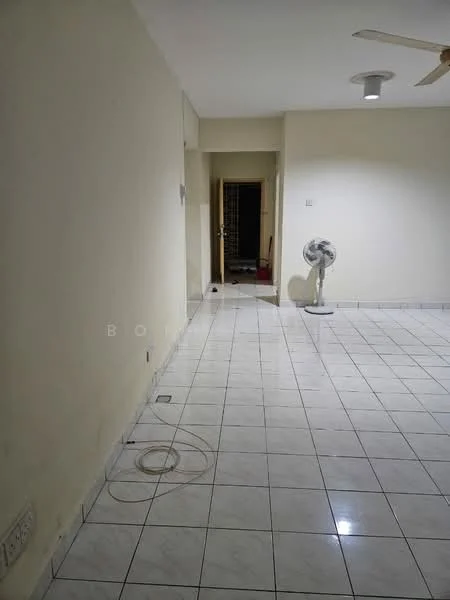 Room features: white painted walls, ceramic tile flooring, ceiling fan, wall-mounted fan, doorway leading to another room, visible electrical outlets, cable wiring on the floor.
