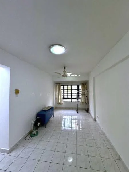 Living features: white painted walls, glossy white tile flooring, ceiling with recessed lighting, 5-blade ceiling fan, large windows with sheer curtains, blue console table, floor fan, natural light from windows; style: modern.