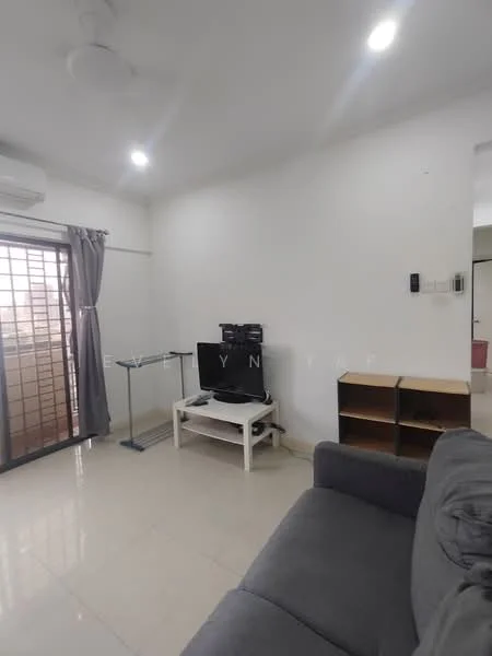 Living features: grey fabric sofa, white coffee table, wall-mounted TV, TV console, floor-to-ceiling windows, curtains, light-colored walls, tile flooring, ceiling fan, air conditioning unit; style: modern; view: city.