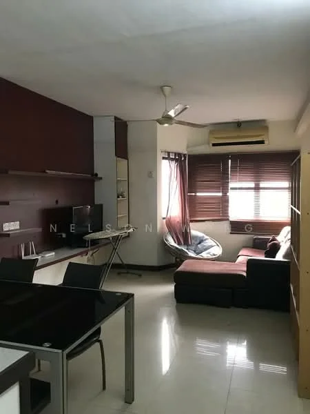 Living features: cream tiled flooring, brown accent wall, white walls, 5-blade ceiling fan, wall-mounted TV, black TV console, brown L-shape sectional sofa, window with wooden blinds, glass coffee table, dining table with black chairs, air conditioning unit; style: modern.