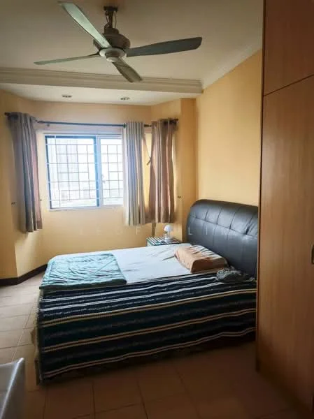 Bedroom features: queen-size bed, upholstered headboard, striped bedspread, ceiling fan with light, floor-to-ceiling window, curtains, light yellow painted walls, tile flooring, built-in wardrobe.