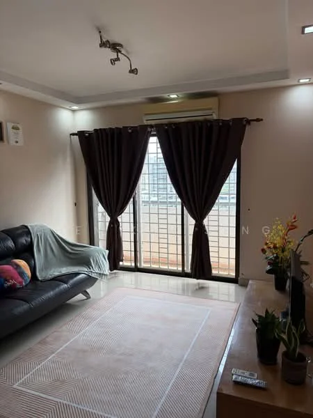 Living features: black leather sofa, decorative throw pillows, light-colored area rug, wooden TV console, potted plants, floor-to-ceiling windows, dark curtains, recessed ceiling lights, wall-mounted air conditioning unit, cream painted walls, glossy tile flooring; style: modern; view: city.