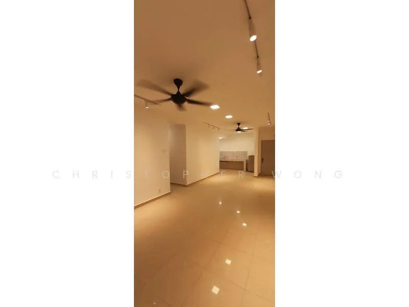 Room features: white painted walls, polished ceramic tile flooring, recessed LED downlights, 2-blade ceiling fan, open layout, kitchen area visible in background, neutral color scheme; style: modern.