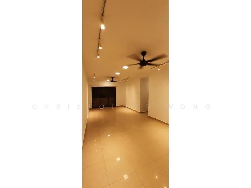 Room features: white painted walls, polished ceramic tile flooring, recessed LED downlights, 2 ceiling fans, large glass sliding door, neutral color scheme; style: modern.