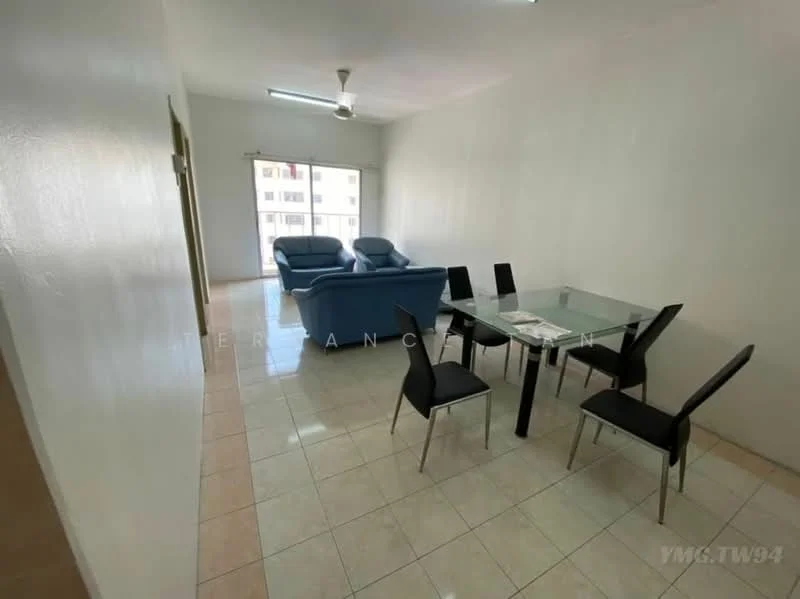 Living features: light grey painted walls, white ceiling, 5-blade ceiling fan with light, floor-to-ceiling windows, sliding glass door, ceramic tile flooring, blue fabric sofa, glass coffee table, 4 black dining chairs, dining table with glass top; style: modern.