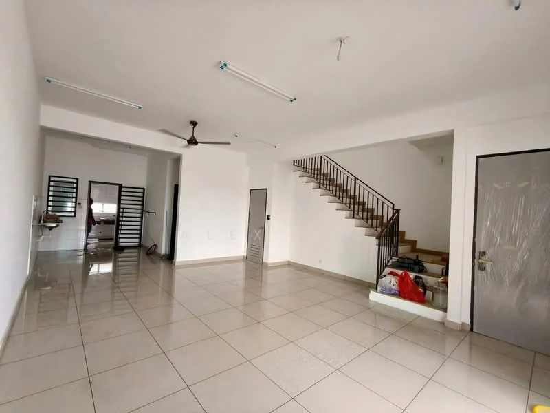 Living features: white painted walls, glossy ceramic tile flooring, 5-blade ceiling fan, recessed downlights, staircase with wooden steps, open layout, large windows, door leading to another room, interior door, wall-mounted electrical outlets; style: modern. Room features: white painted walls, glossy ceramic tile flooring, 5-blade ceiling fan, recessed downlights, staircase with wooden steps, open layout, large windows, door leading to another room, interior door, wall-mounted electrical outlets.