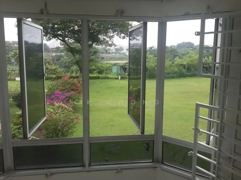 Room features: floor-to-ceiling windows, open casement windows, green lawn view, flowering plants, metal window grills, natural light, white walls, wooden window frame; view: garden.