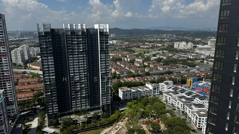 Exterior type: high-rise condominium; features: glass curtain wall, recessed balconies, surrounded by mature greenery, landscaped garden, multiple storeys, urban context with nearby residential buildings; style: modern.