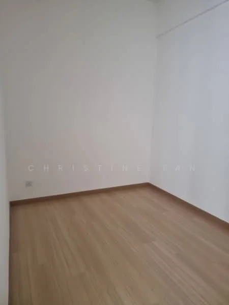 Room features: white painted walls, laminate flooring, no visible furniture, single window, neutral color scheme; style: minimalist.