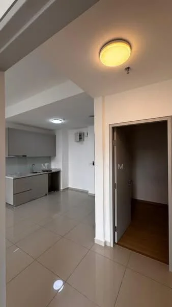 Room features: glossy tile flooring, white painted walls, recessed ceiling lights, kitchen cabinetry in grey, single-bowl stainless-steel sink, wall-mounted split AC, door leading to another room, open layout, neutral color scheme; style: modern.