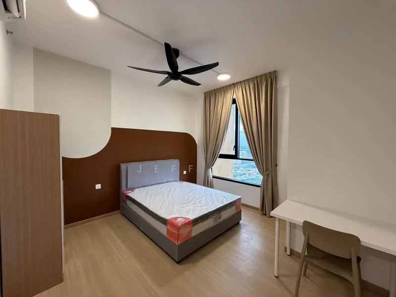 Bedroom features: queen-size bed, upholstered headboard, 5-blade ceiling fan with light, floor-to-ceiling window, curtains, wooden flooring, study desk, chair, built-in wardrobe, accent wall in brown; style: modern; view: city.