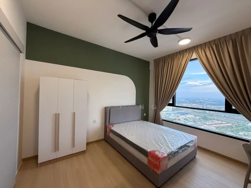 Bedroom features: queen-size bed, upholstered headboard, 2 bedside lamps, built-in wardrobe with sliding doors, floor-to-ceiling window, curtains, 5-blade ceiling fan with light, wooden flooring, green accent wall, neutral painted walls, decorative wall cutout; style: modern; view: city.