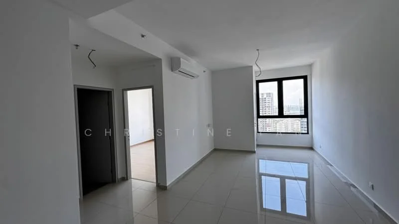 Room features: white painted walls, glossy tile flooring, 1 wall-mounted split AC, large window with city view, doorway leading to another room, doorway leading to hallway, ceiling lights, no visible furniture or decor; style: modern; view: city.