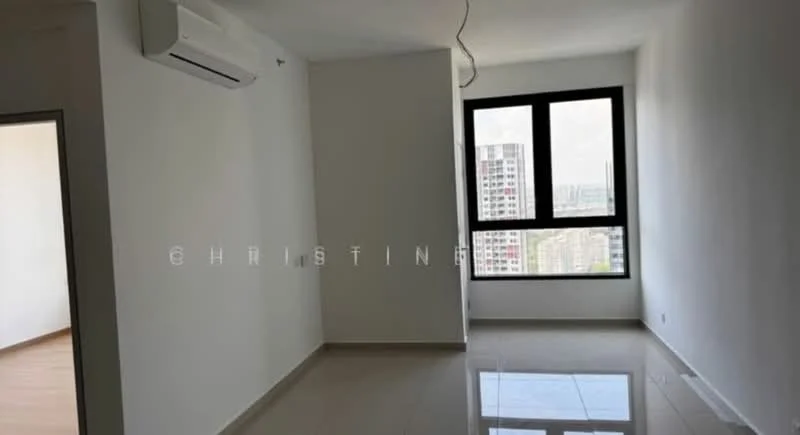 Room features: white painted walls, glossy tile flooring, floor-to-ceiling windows, 1 wall-mounted split AC, natural light from window, city view from window; style: modern; view: city.